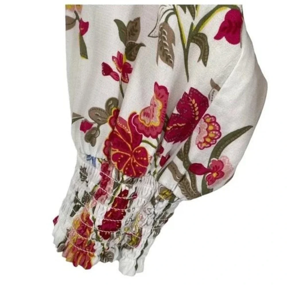 LOFT Floral Print‎ Ruffle Neck Tie Blouse Long Sleeve Women's Size L NWT